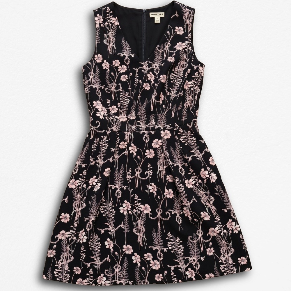 Studio I Black Pink Floral V-Neck Fit and Flare Pleated Dress Womens 12P Petite